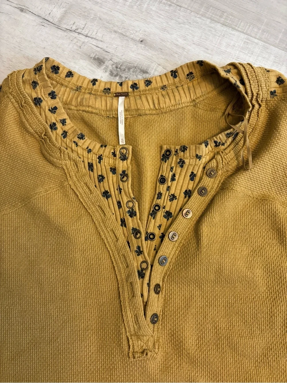 Free People Mustard Thermal Henley Top Floral Trim Oversized XL